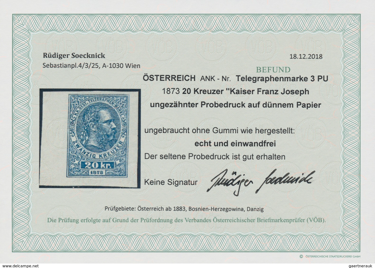 Österreich - Telegrafenmarken: 1873, Kaiser Franz Joseph 20 Kr, UNGEZÄHNTER Probedruck Auf Dünnem Pa - Telegraph