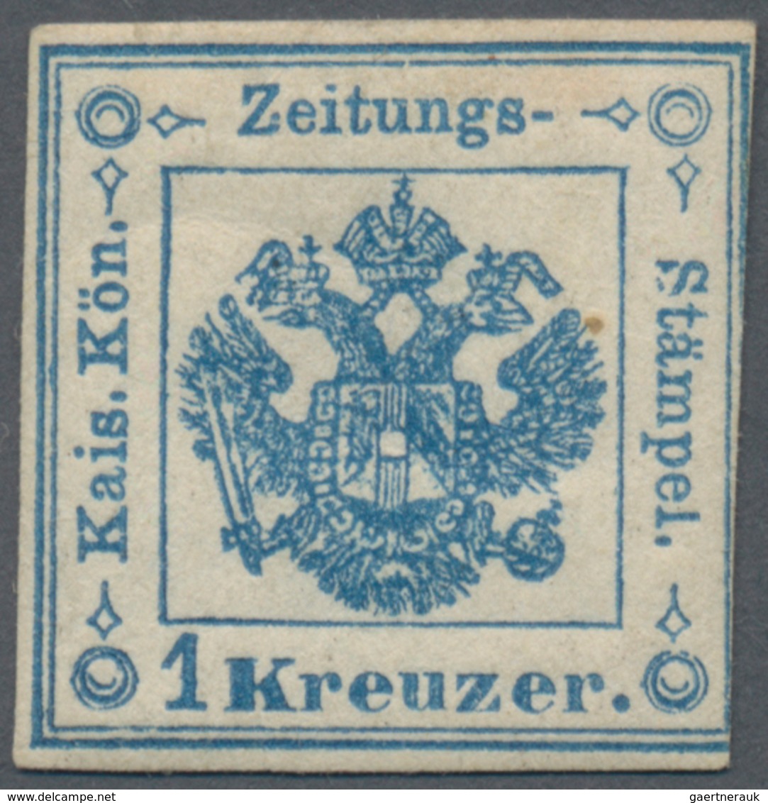 Österreich - Zeitungsstempelmarken: 1858, 1 Kr. Blau, Grober Druck, Provisorische Type I, Dreiseitig - Newspapers