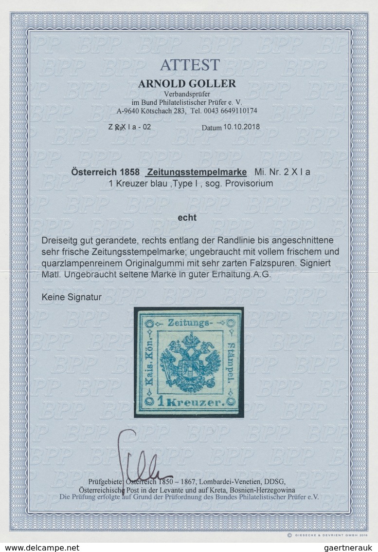 Österreich - Zeitungsstempelmarken: 1858, 1 Kr. Blau, Grober Druck, Provisorische Type I, Dreiseitig - Dagbladen