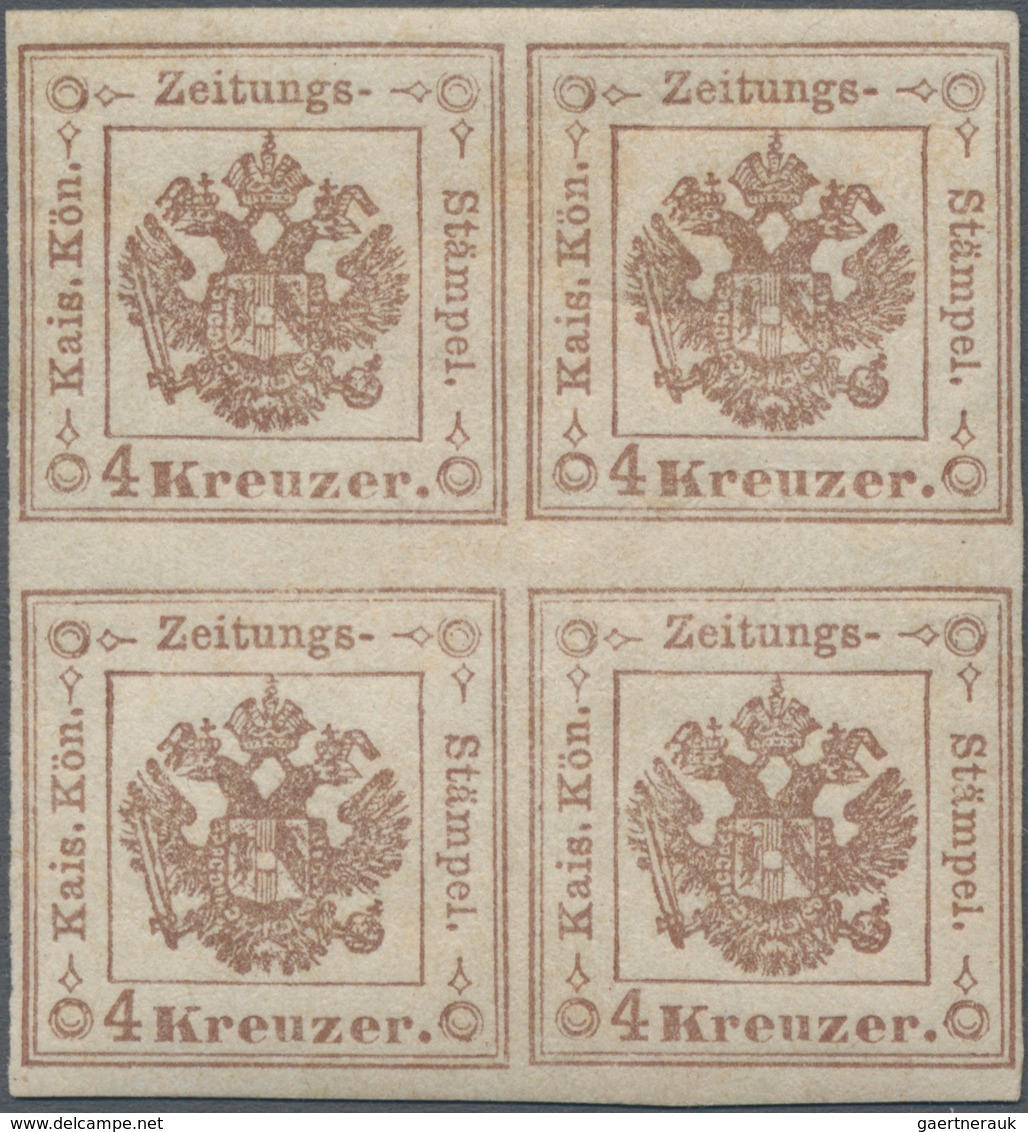 Österreich - Zeitungsstempelmarken: 1858, 4 Kr. Braun, Farbfrischer Und Allseits Gut Gerandeter 4er- - Zeitungsmarken