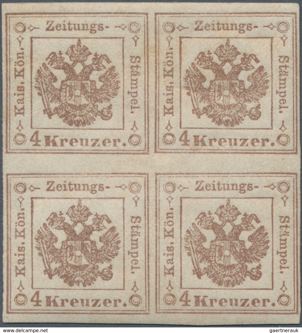 Österreich - Zeitungsstempelmarken: 1858, 4 Kr. Braun, Farbfrischer Und Allseits Gut Gerandeter 4er- - Newspapers