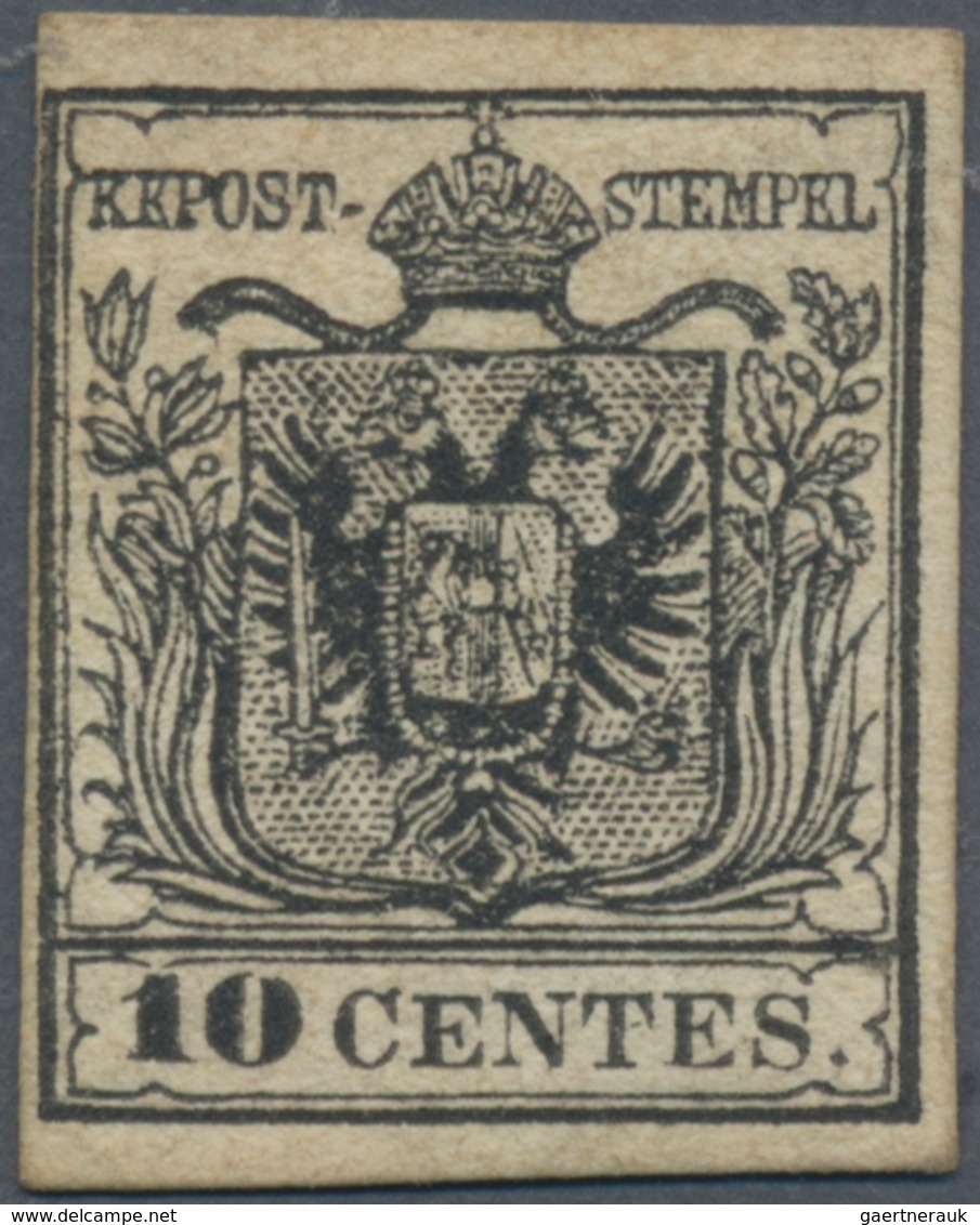 Österreich - Lombardei Und Venetien: 1854, 10 Cmi Schwarz, Type III, Maschinenpapier, Links Knapp-, - Lombardy-Venetia