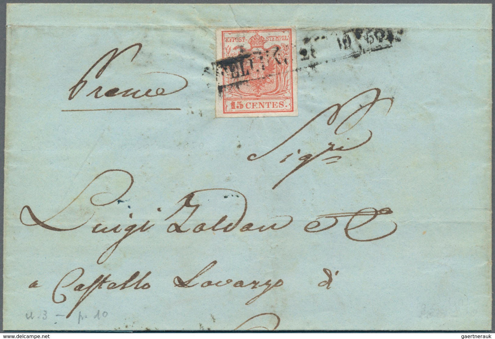 Österreich - Lombardei Und Venetien - Stempel: 1850. Seltener R1 "BELLUNO" (Sassone 2500 €) Auf 15 C - Lombardo-Venetien