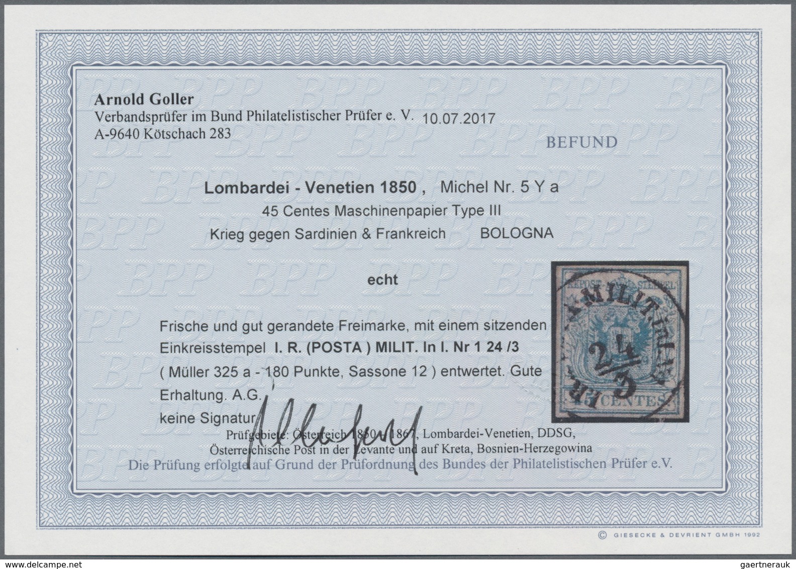 Österreich - Lombardei Und Venetien - Stempel: "I.R. (POSTA) MILIT. In I. Nr 1 24/3", Klarer Abschla - Lombardo-Venetien