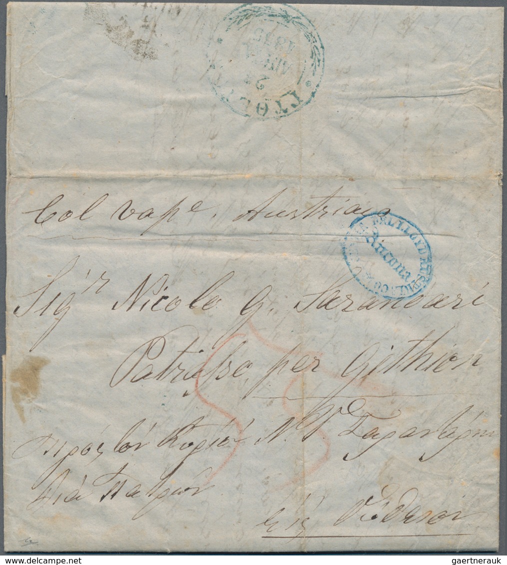 Österreichische Post In Der Levante: 1855/1856, Two Lettersheets From Ancona To Githion Via Patras ( - Oostenrijkse Levant