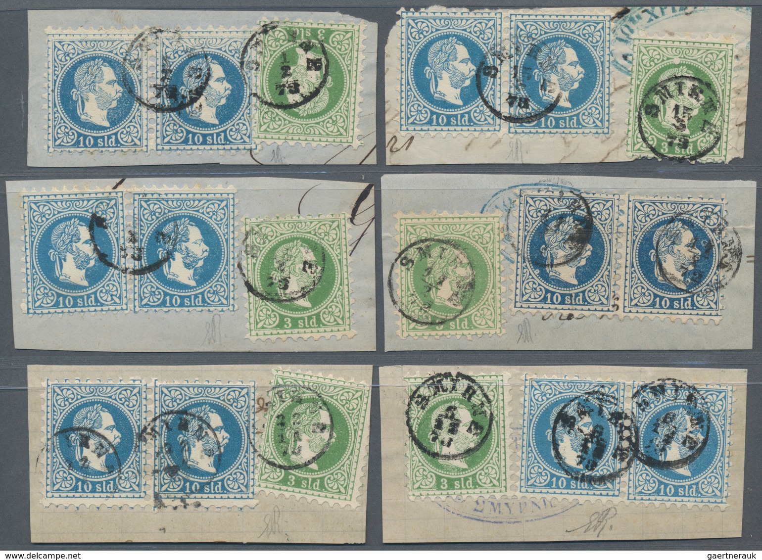 Österreichische Post In Der Levante: 1872/1873, Sechs Briefstücke Alle Frankiert Mit 3 So. Grün Und - Levante-Marken