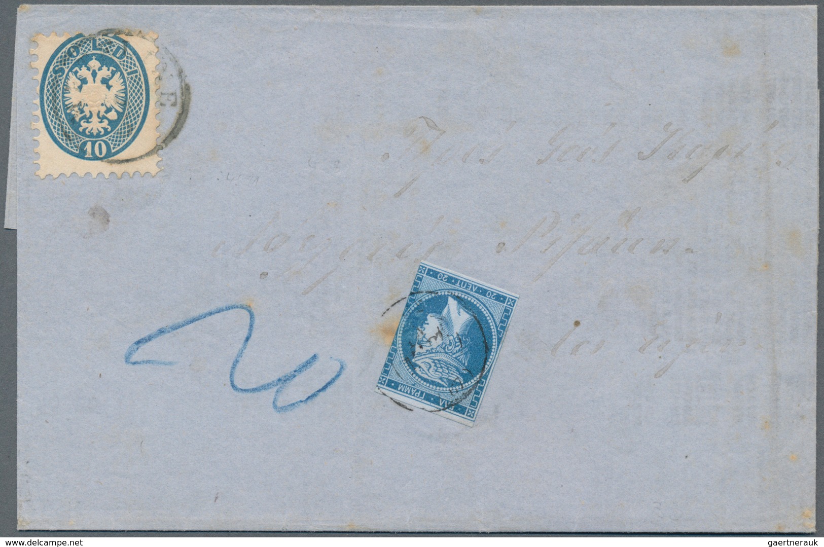 Österreichische Post In Der Levante: 1864, 10 So Blau 'Doppeladler', Gez. 9 1/2, Entwertet Mit Einkr - Levante-Marken