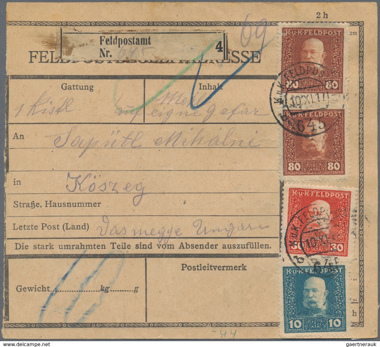 Österreichisch-Ungarische Feldpost - Allgemeine Ausgabe: 1917, 10 H, 30 H U. 2 X 80 H Als MiF Auf Fe - Sonstige & Ohne Zuordnung