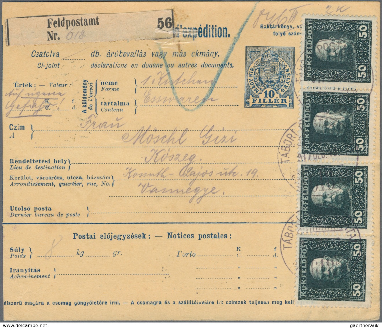 Österreichisch-Ungarische Feldpost - Allgemeine Ausgabe: 1917, 10 H, 30 H U. 2 X 80 H Als MiF Auf Fe - Other & Unclassified