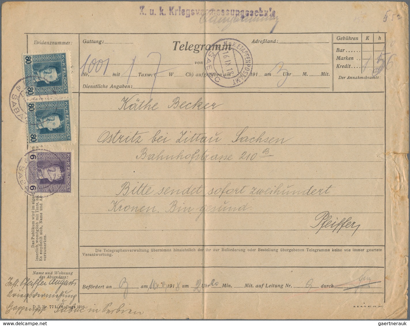 Österreichisch-Ungarische Feldpost - Allgemeine Ausgabe: 1918, 6 H Violett Und 2 X 80 H Blauschiefer - Other & Unclassified