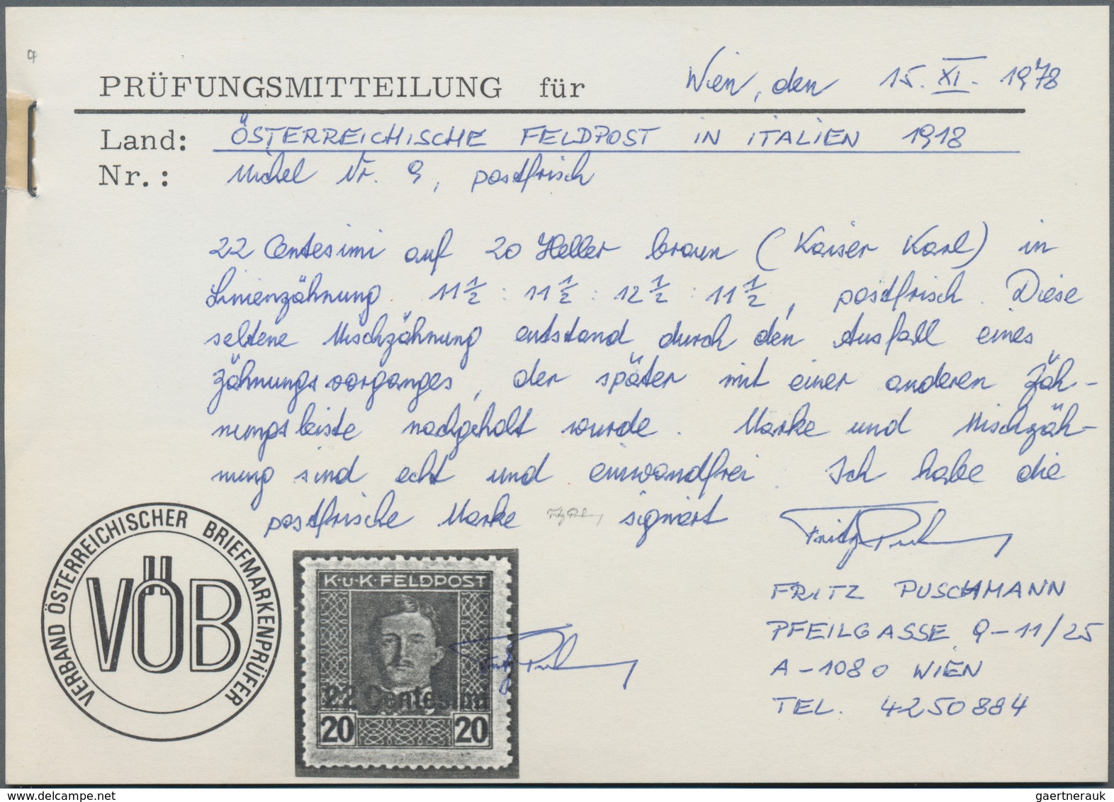 Österreichisch-Ungarische Feldpost - Italien: 1918, 22 C. Auf 20 H. Lilabraun In Mischzähnung 11½:11 - Sonstige & Ohne Zuordnung
