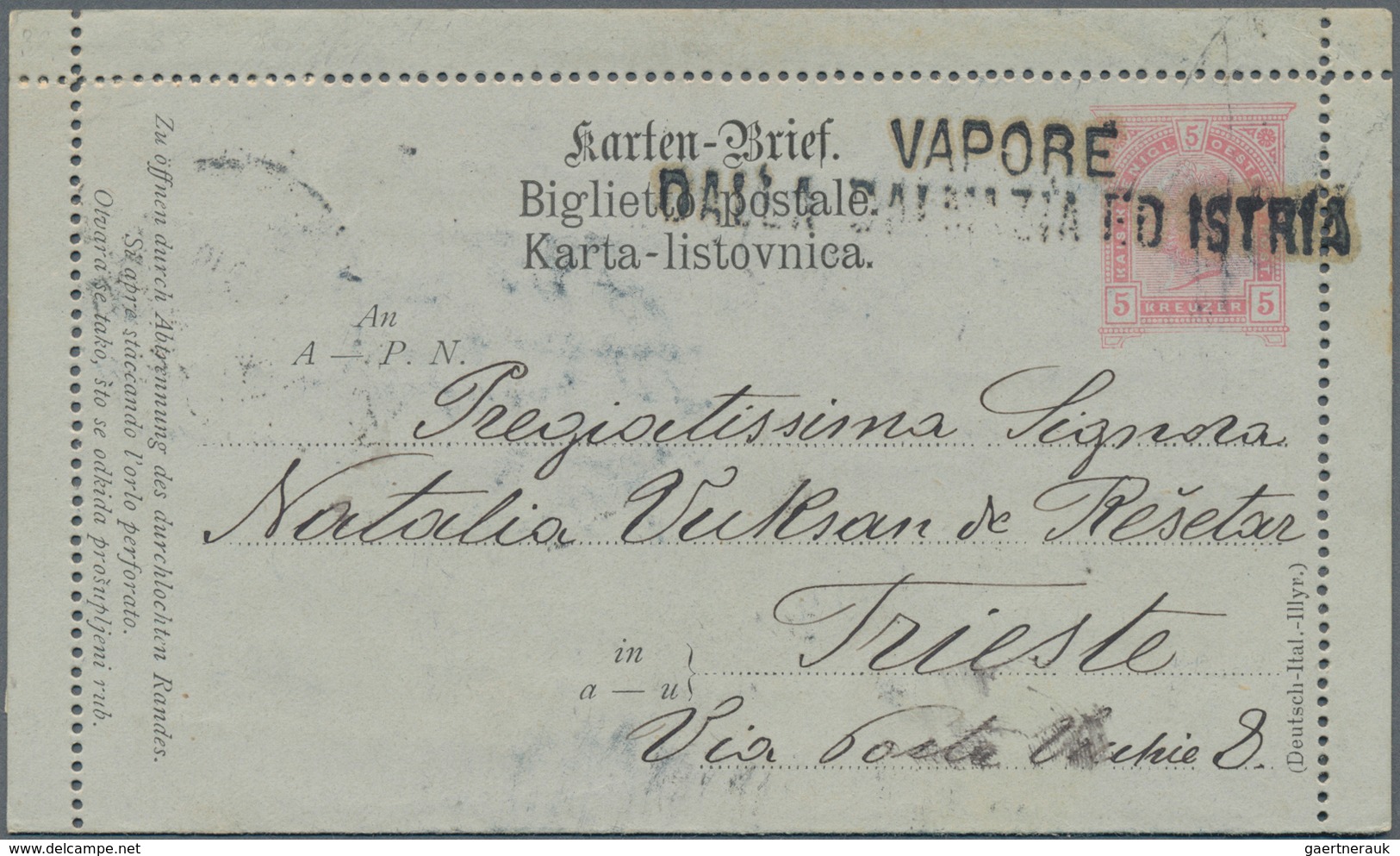 Österreich - Schiffspost: 1899, Kartenbrief Franz Joseph 5 Kr. Rosa (Deutsch-Ital.-Illyr.) Mit Schif - Andere & Zonder Classificatie