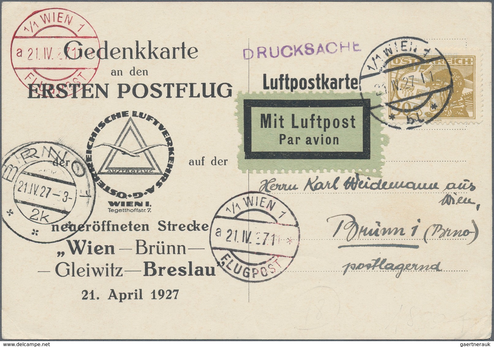 Österreich - Flugpost: 1927 (21.4.), Gedenkkarte An Den Ersten Postflug Von Wien Nach Brünn Mit Einz - Sonstige & Ohne Zuordnung