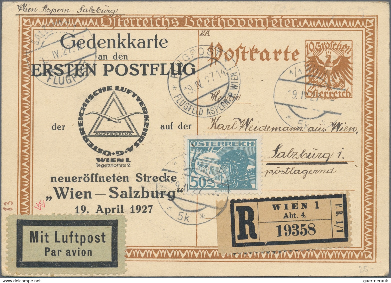 Österreich - Flugpost: 1927 (19.4.), Bildpostkarte 10 Gr. (Beethoven) Mit Zusatzfrankatur 50 Gr. Pil - Andere & Zonder Classificatie