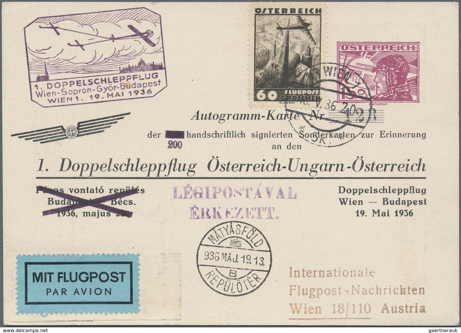 Österreich - Flugpost: 1936 (18.5.), Autogramm-Karte Mit Wertstempel 15 Gr. Pilotenkopf Sowie 60 Gr. - Autres & Non Classés