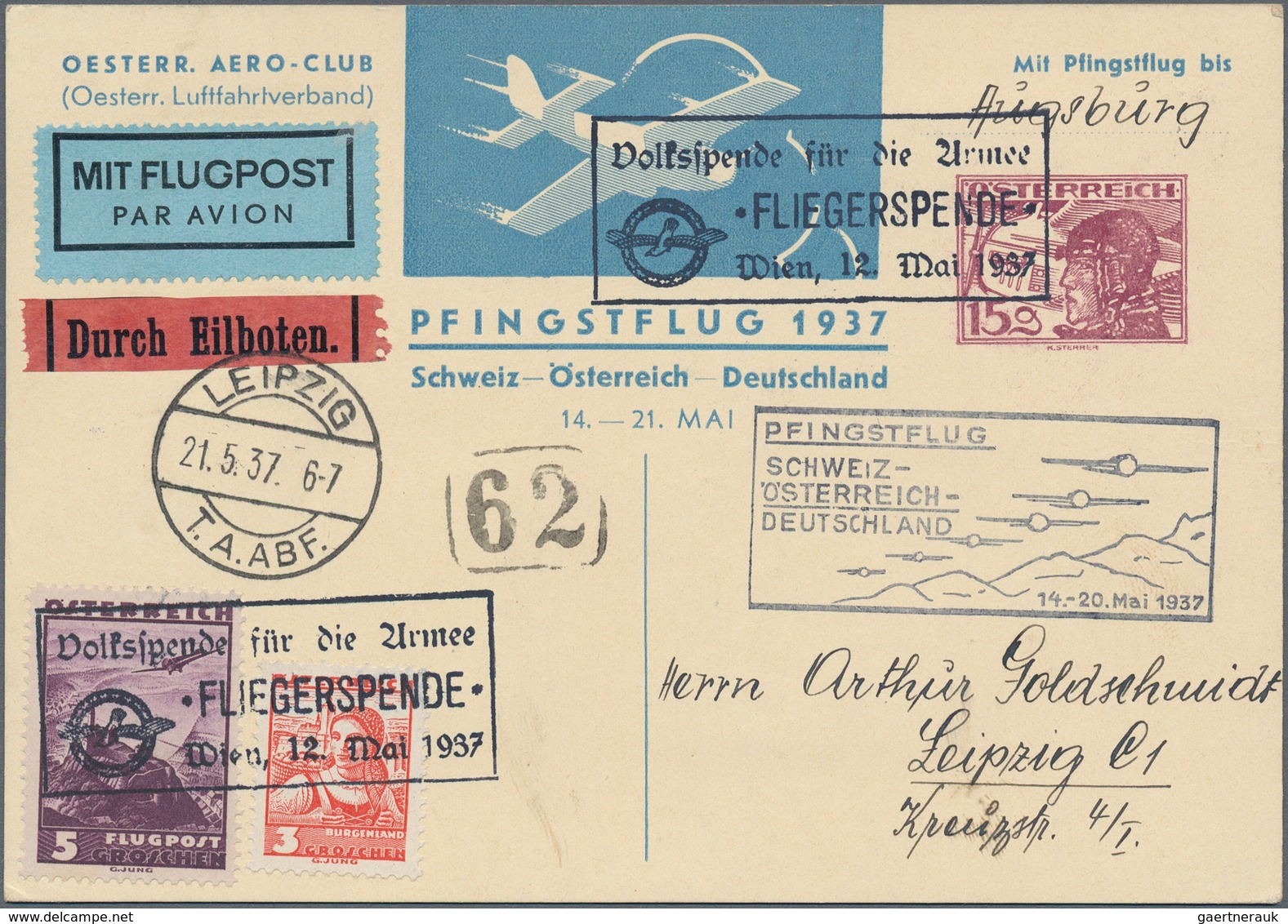 Österreich - Flugpost: 1937 (12.5.), Flugpost-Karte Mit Wertstempel 15 Gr. Pilotenkopf Mit 5 Gr. Flu - Andere & Zonder Classificatie