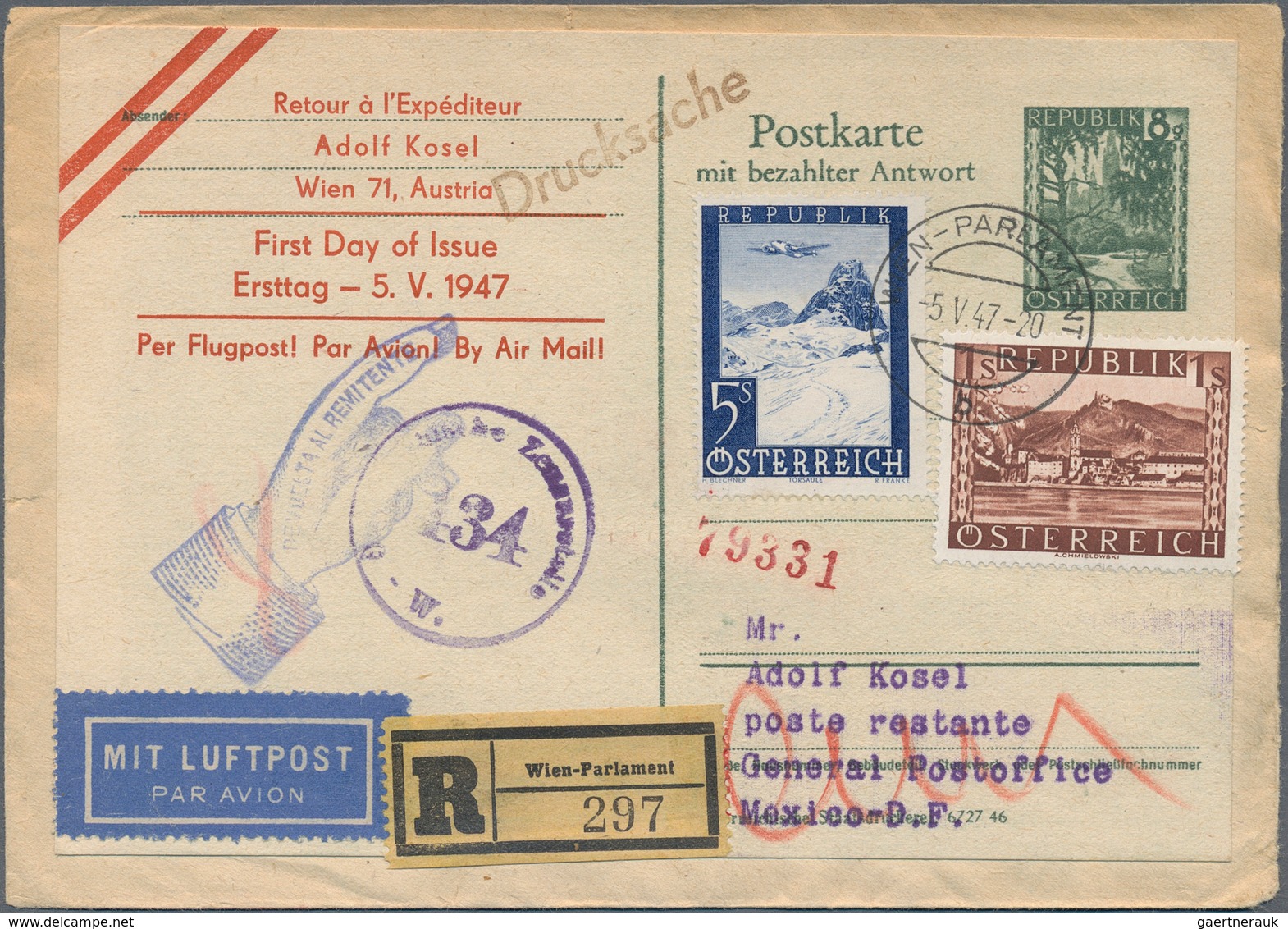 Österreich - Flugpost: 1947 (5.5.), R-Luftpostbrief Als Drucksache Von Wien-Parlament Nach Mexico Fr - Other & Unclassified