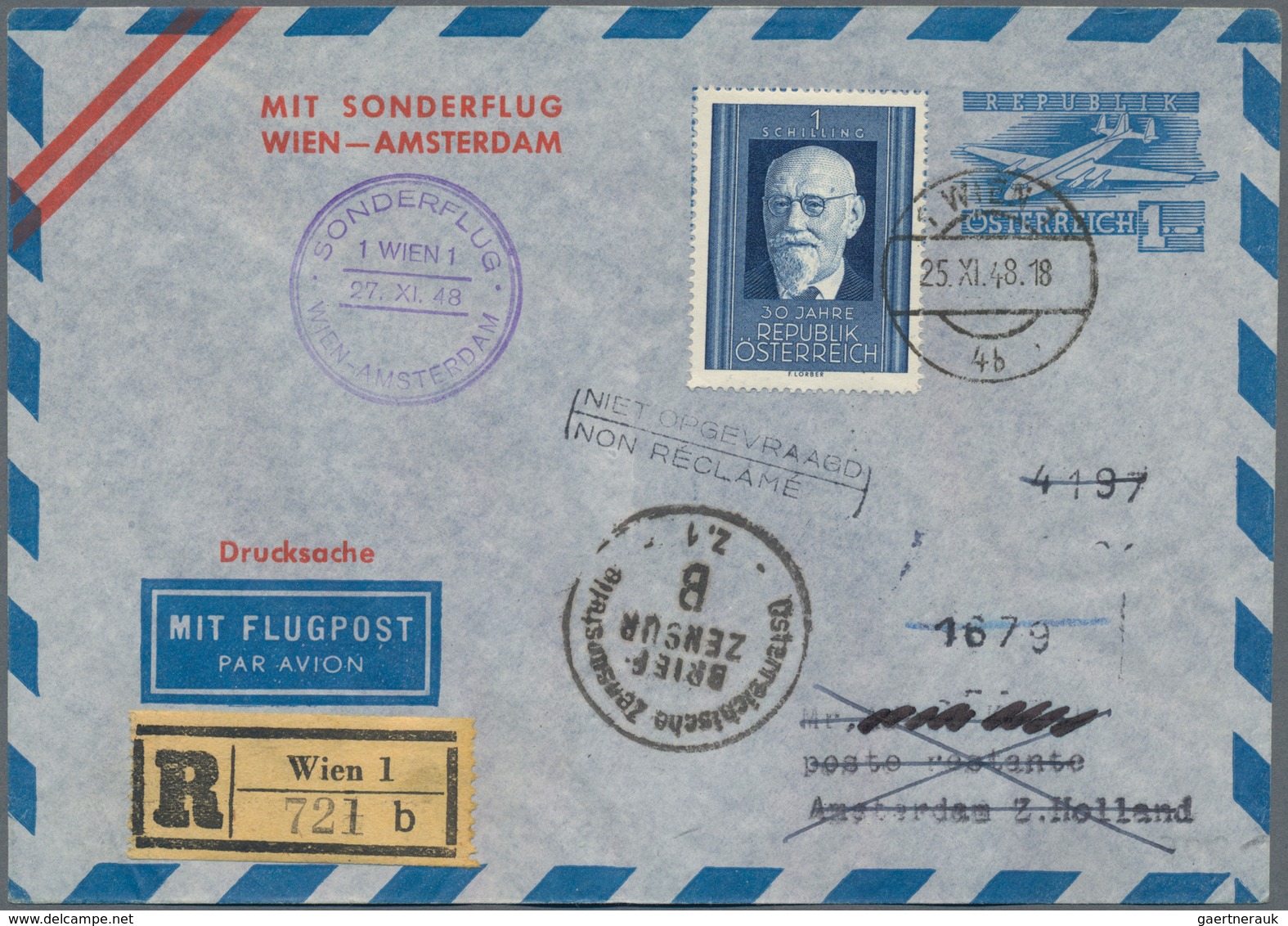 Österreich - Flugpost: 1948 (25.11.), Eingeschriebener Luftpost-Umschlag 1 S. Flugzeug Mit Rotem Zud - Andere & Zonder Classificatie