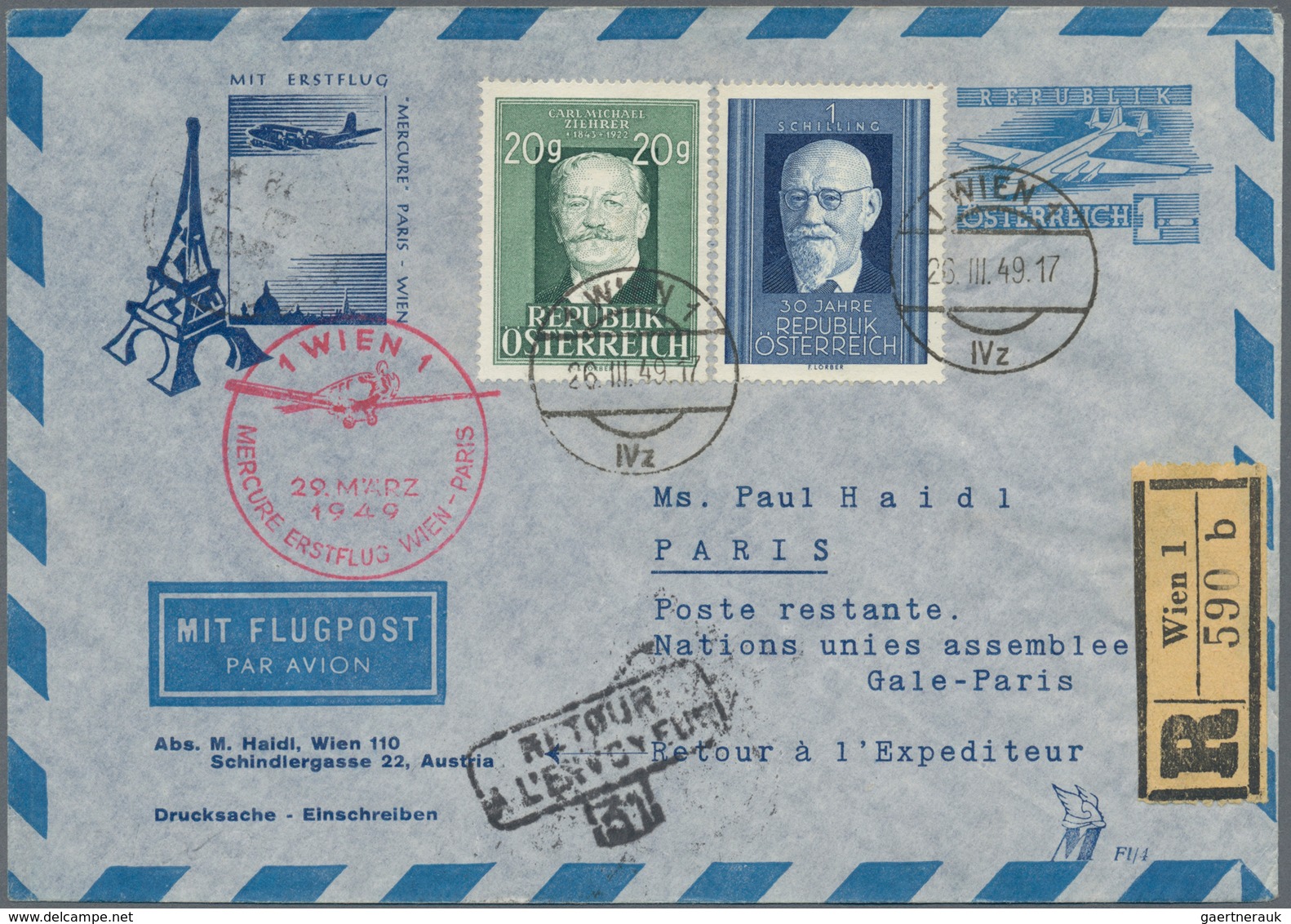 Österreich - Flugpost: 1949 (26.3.), Eingeschriebener Luftpost-Umschlag 1 S. Flugzeug Mit Blauem Zud - Autres & Non Classés