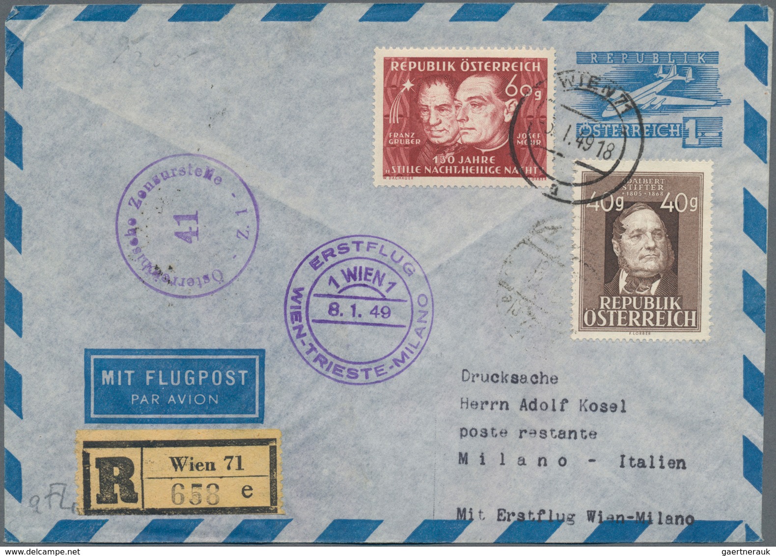 Österreich - Flugpost: 1949 (6.1.), Eingeschriebener Luftpost-Umschlag 1 S. Flugzeug Mit Zusatzfrank - Other & Unclassified