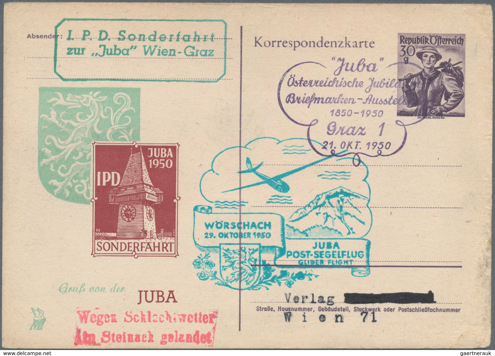 Österreich - Flugpost: 1950 (21.10.), Korrespondenzkarte Trachten 30 Gr. Violett Mit Privaten Zudruc - Autres & Non Classés