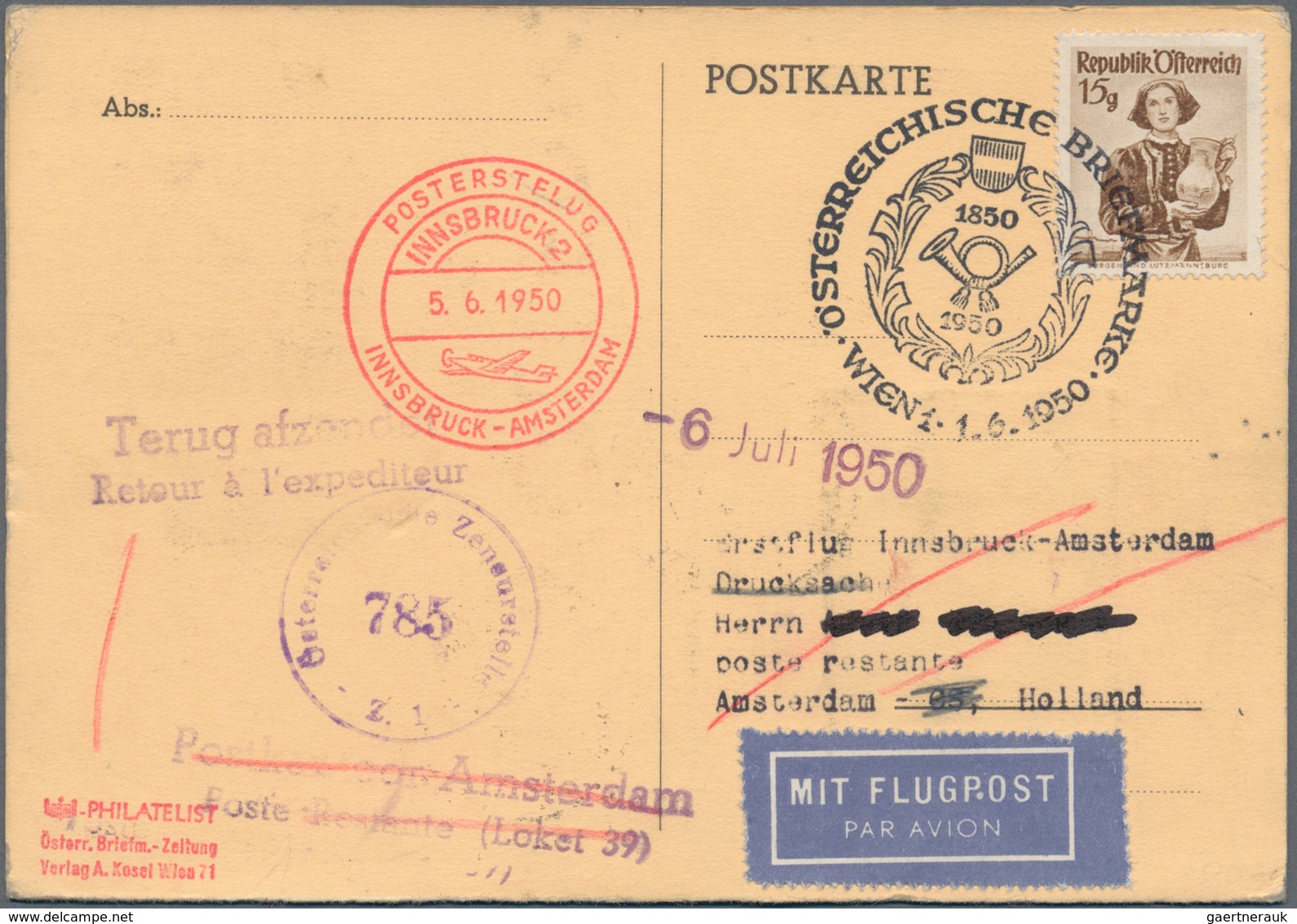 Österreich - Flugpost: 1950 (1.6.), Postkarte Mit Vs. 15 Gr. Trachten Und Rs. Mit A S. '100 J. Brief - Andere & Zonder Classificatie