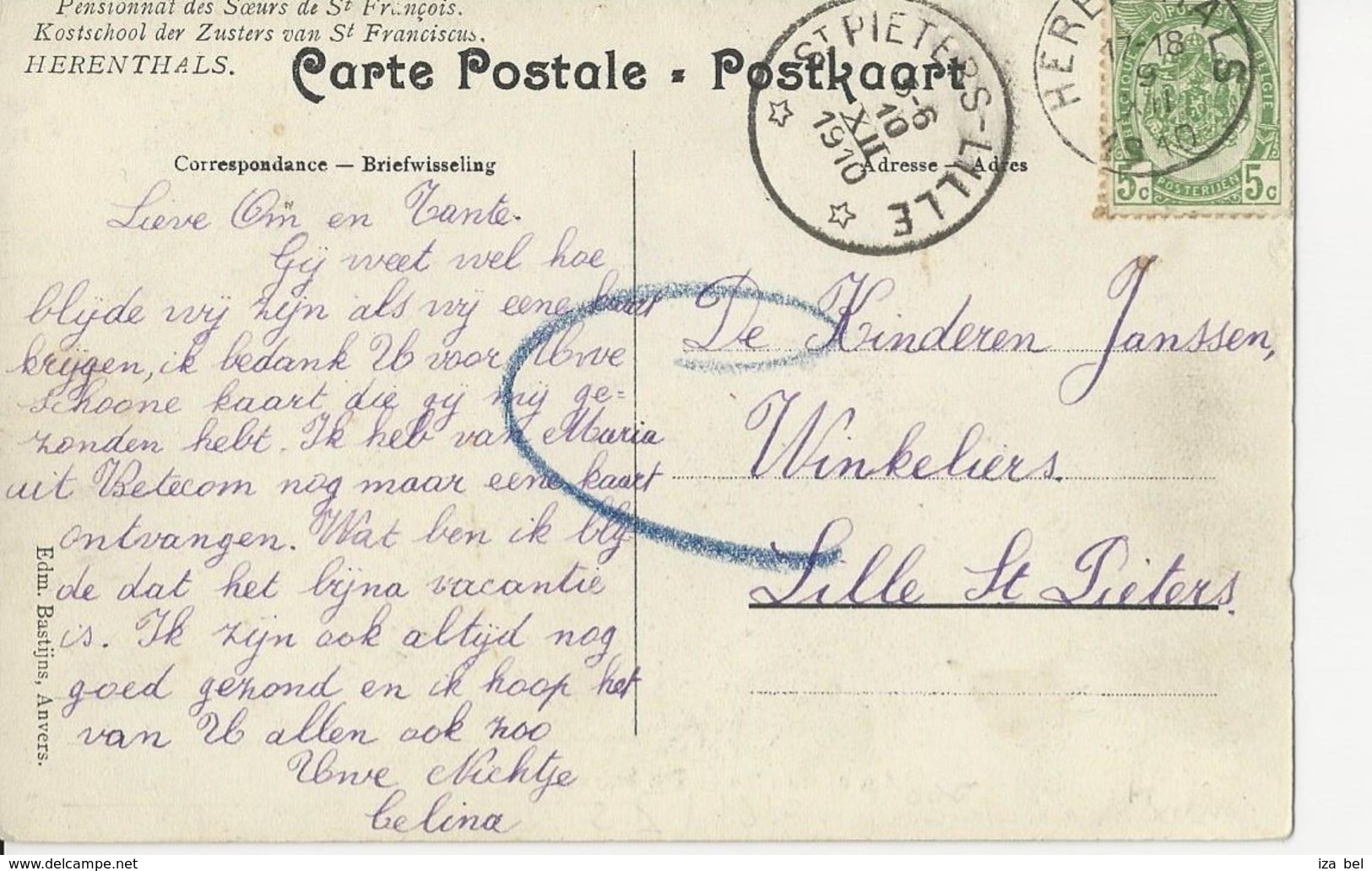 N°83 Herenthals 9.XII.1910.Arr. Dépot-remais St -Pieters-Lille. TB - Cachets à étoiles