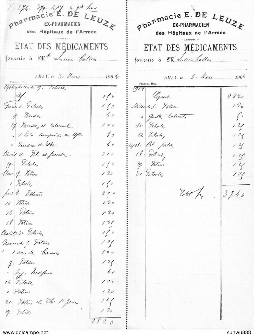 Amay - Pharmacie E De Leuze - Etat Des Médicaments 1908 - 1900 – 1949