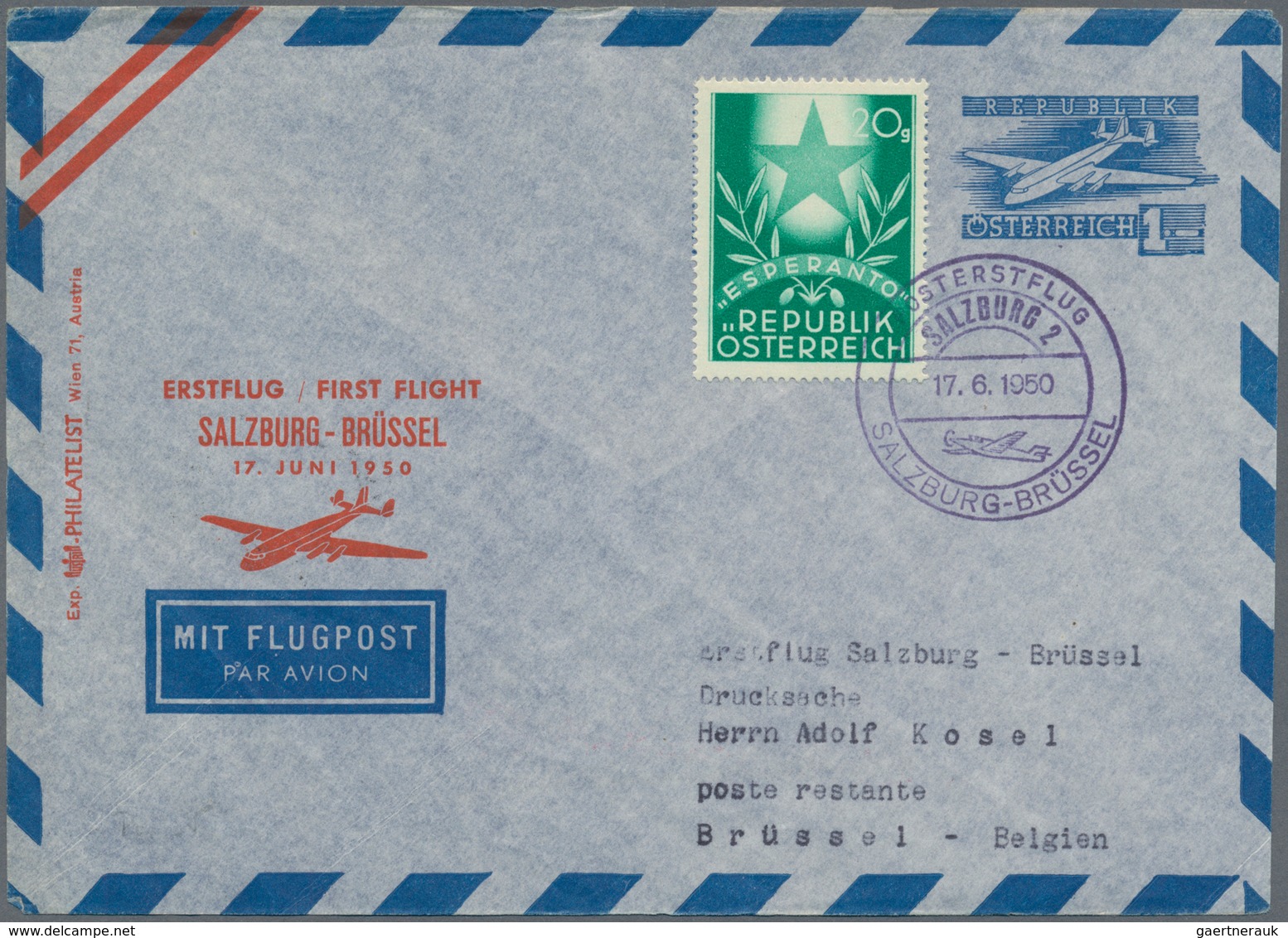 Österreich - Flugpost: 1950 (17.6.), Luftpost-Umschlag 1 S. Flugzeug Mit Rotem Zudruck 'ERSTFLUG / F - Sonstige & Ohne Zuordnung