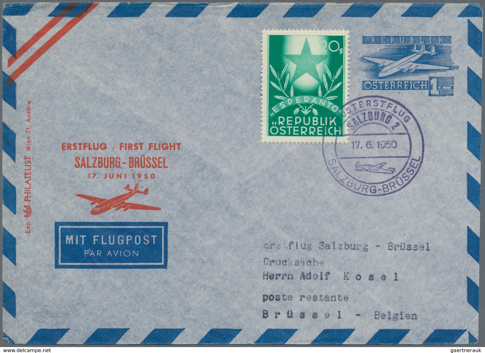 Österreich - Flugpost: 1950 (17.6.), Luftpost-Umschlag 1 S. Flugzeug Mit Rotem Zudruck 'ERSTFLUG / F - Other & Unclassified