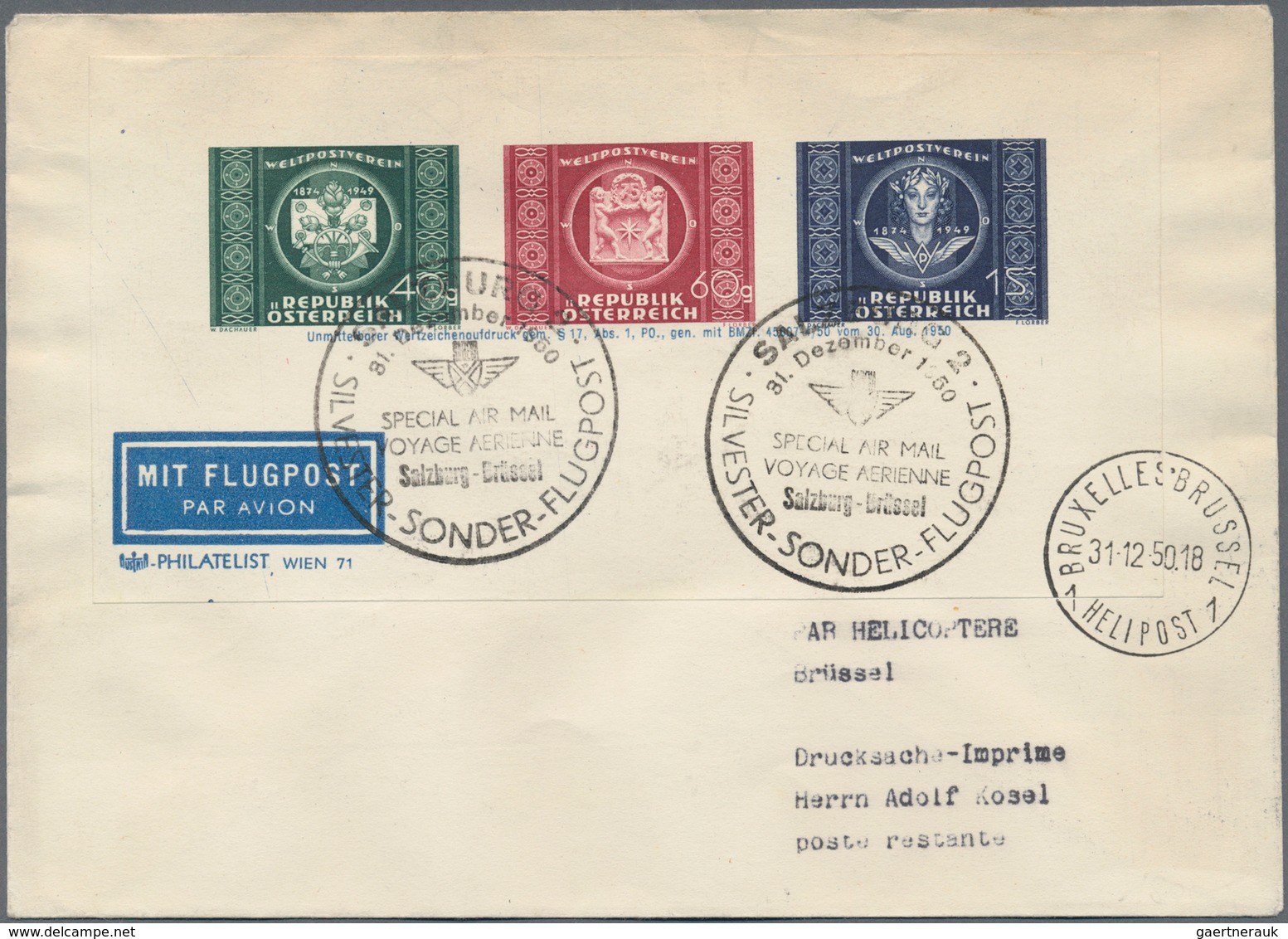 Österreich - Flugpost: 1950 (31.12.), UPU-Adresszettel (Type Y) Auf Flugpostbrief Zur 'Silvester-Son - Other & Unclassified