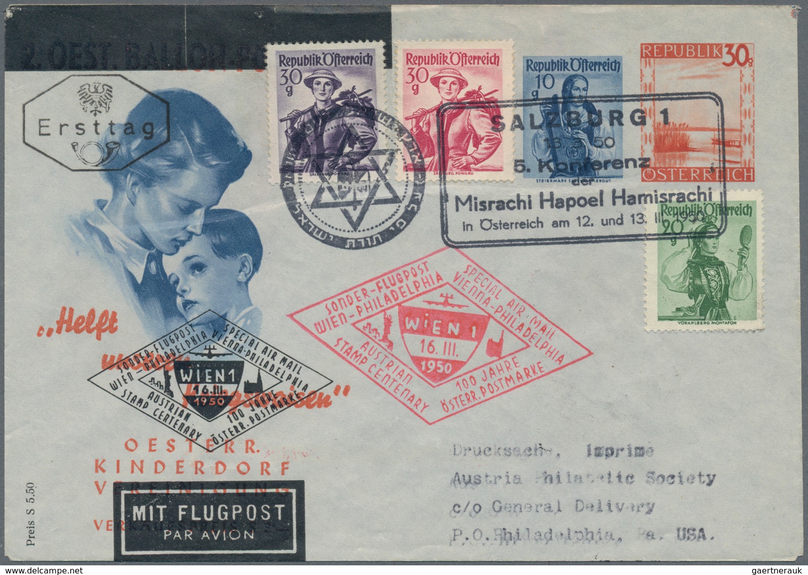 Österreich - Flugpost: 1950 (13.3.), Privat-GS-Umschlag Der österr. Kinderdorf-Vereinigung Mit Zwei - Andere & Zonder Classificatie