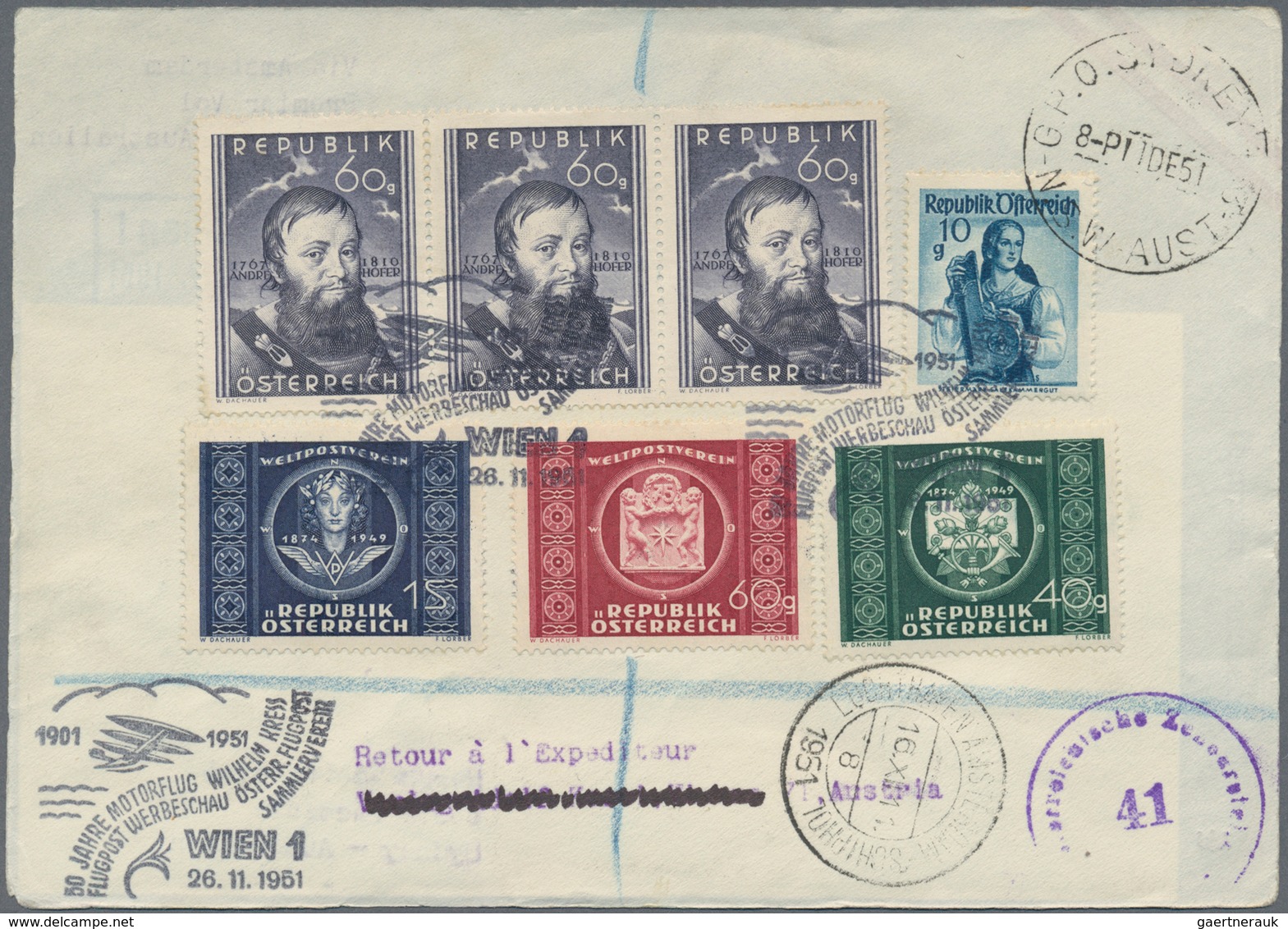 Österreich - Flugpost: 1951 (26.11.), UPU-Adresszettel (Type Y) Mit Rs. Bunter Zusatzfrankatur Als E - Other & Unclassified