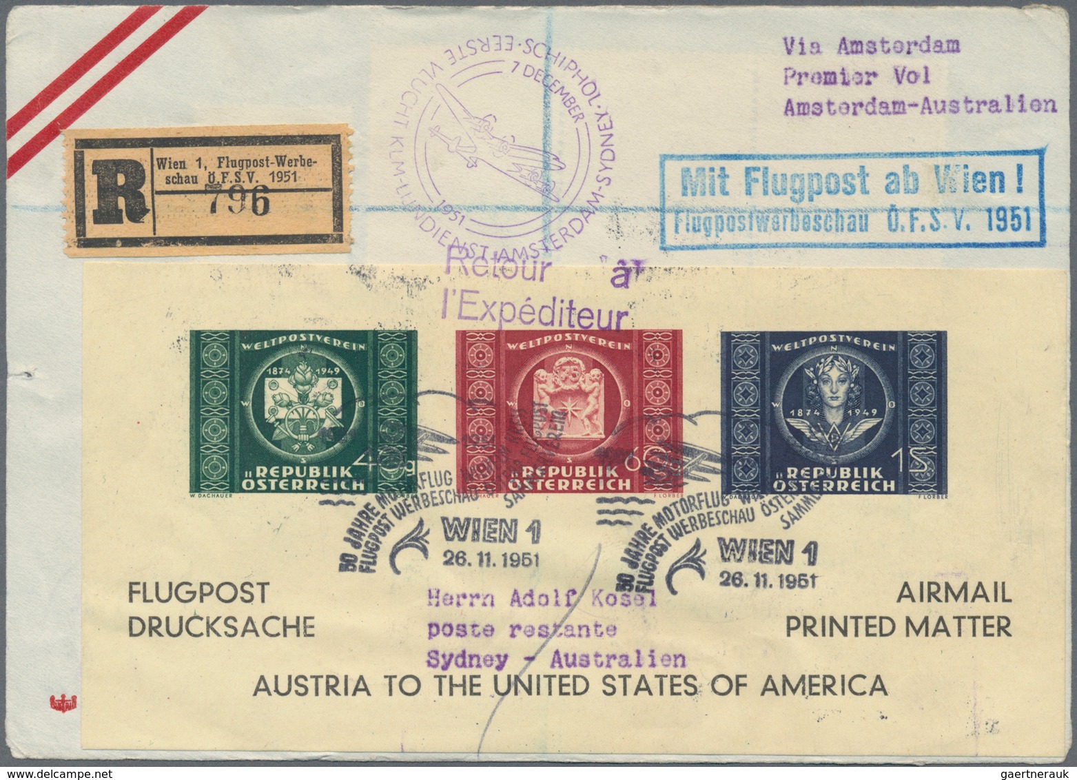 Österreich - Flugpost: 1951 (26.11.), UPU-Adresszettel (Type X) Mit Rs. Bunter Zusatzfrankatur Als E - Other & Unclassified