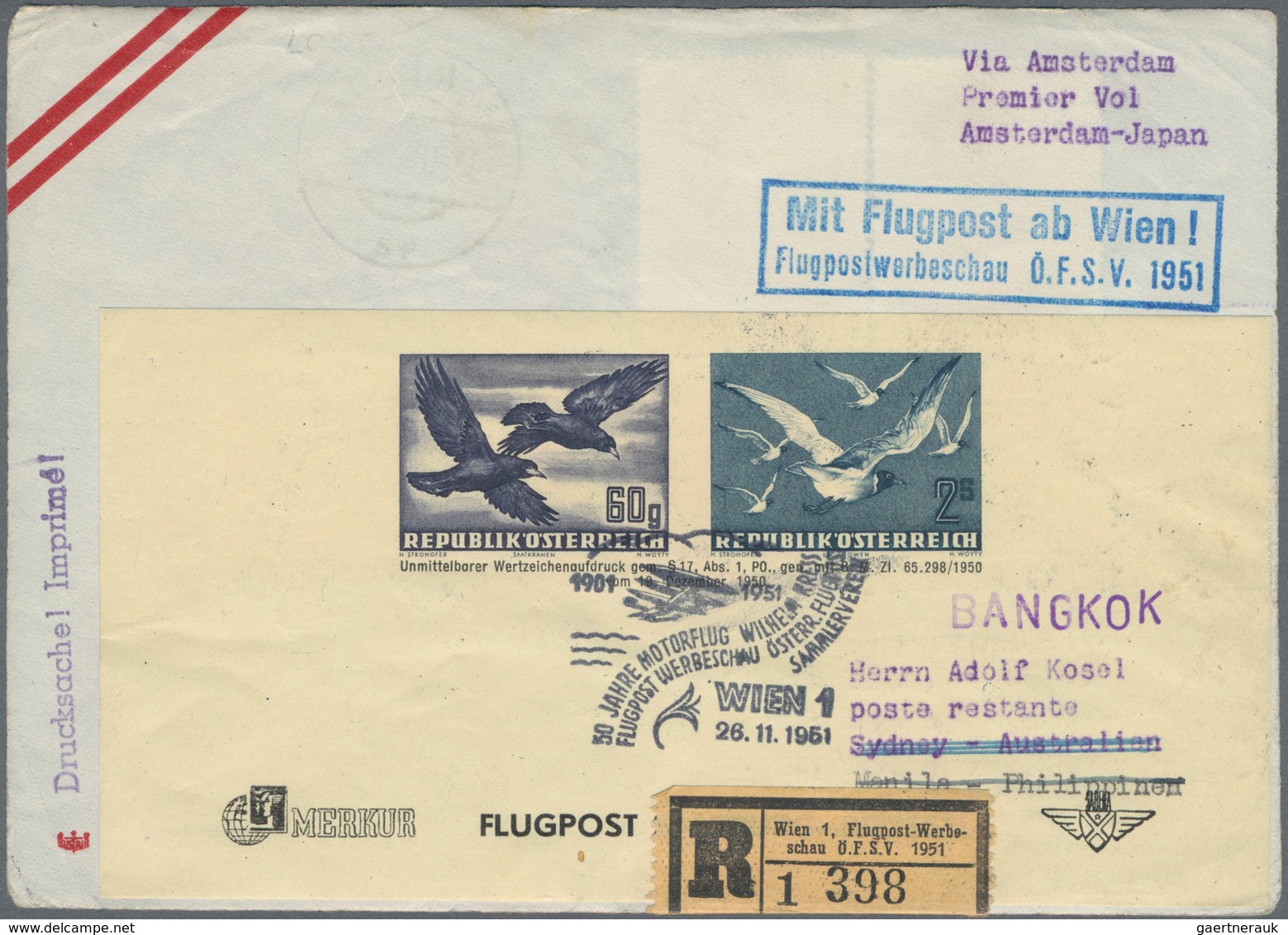 Österreich - Flugpost: 1951 (26.11.), Flugpost-Adresszettel Vögel 60 Gr. + 2 S. Mit Zudruck Sowie Rs - Andere & Zonder Classificatie