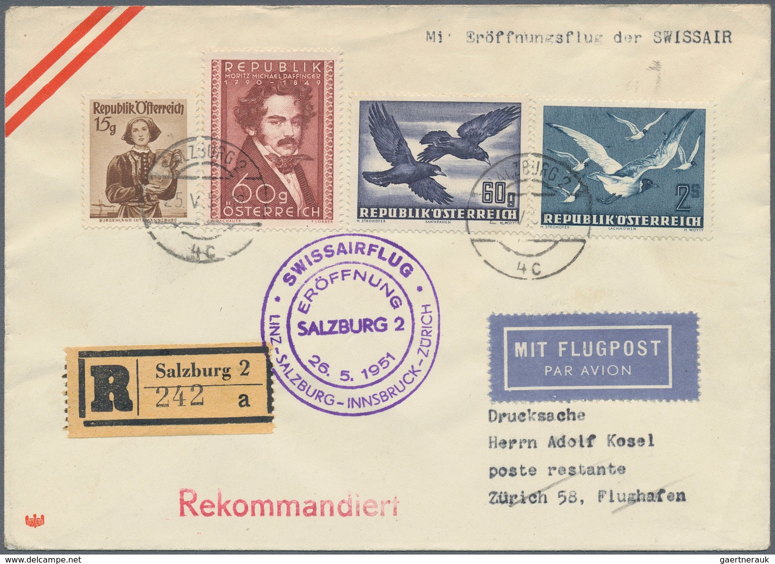 Österreich - Flugpost: 1951 (25.5.), R-Flugpostbrief Frankiert Mit Vögel 60 Gr. Und 2 S. Sowie Zwei - Andere & Zonder Classificatie