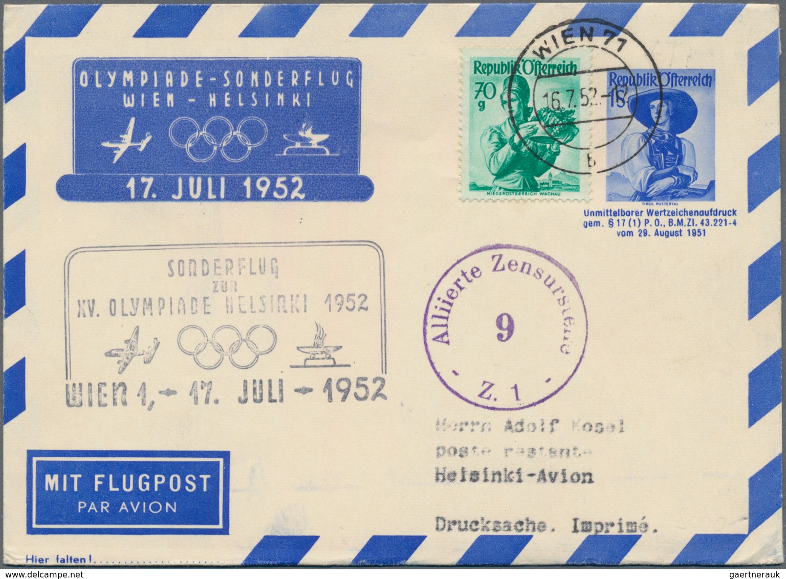 Österreich - Flugpost: 1952 (16.7.), Privat-Luftpost-Faltbrief Trachten 1 S. Blau Mit Zudruck 'OLYMP - Autres & Non Classés
