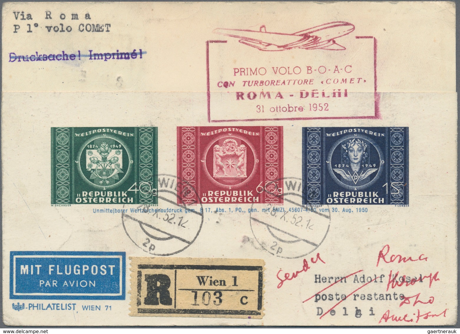 Österreich - Flugpost: 1952 (28.10.), UPU-Adresszettel (Type Y) Mit Rs. Bunter Zusatzfrankatur Als E - Sonstige & Ohne Zuordnung