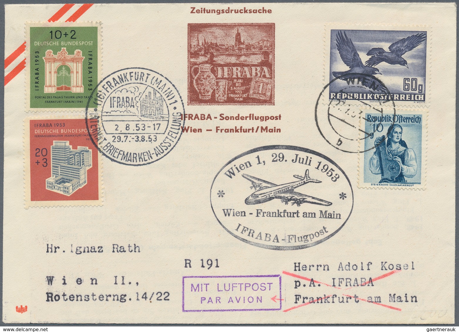 Österreich - Flugpost: 1953 (27.7.), IFRABA Sonder-Flugpostbrief Von Wien Nach Frankfurt (Vögel 60 G - Andere & Zonder Classificatie