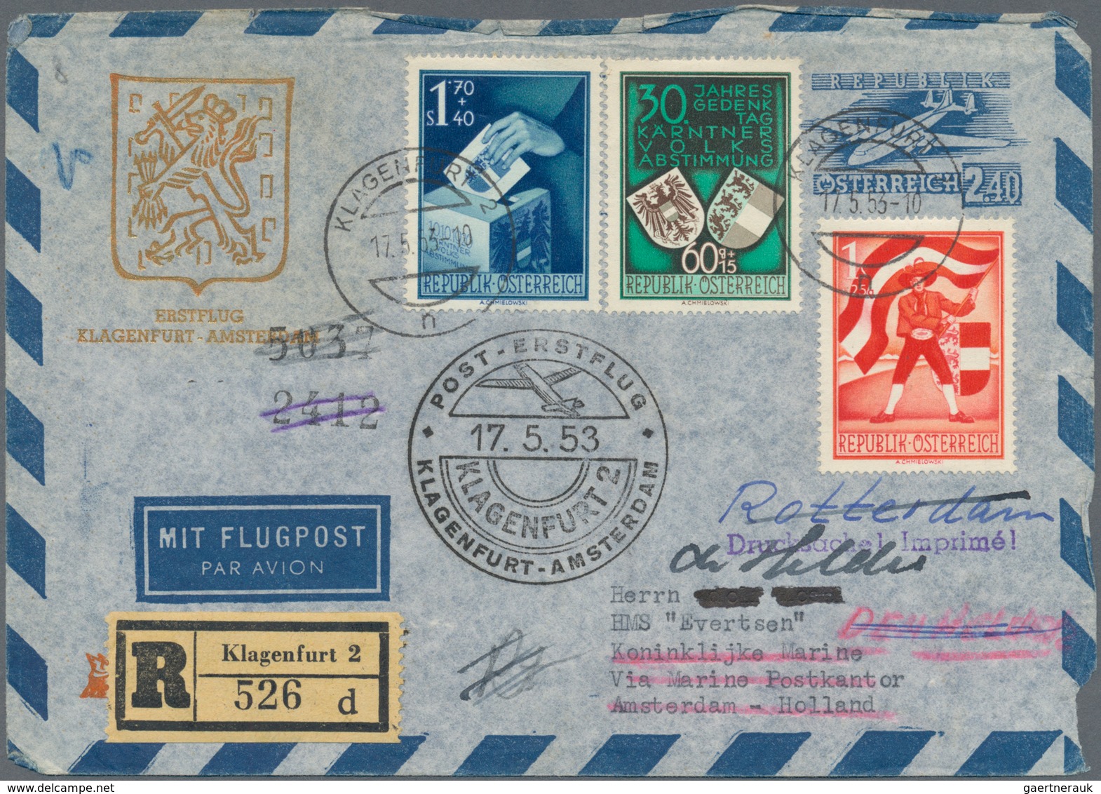 Österreich - Flugpost: 1953 (17.5.), Eingeschriebener Luftpost-Umschlag 2.40 S. Flugzeug Mit Goldfar - Andere & Zonder Classificatie