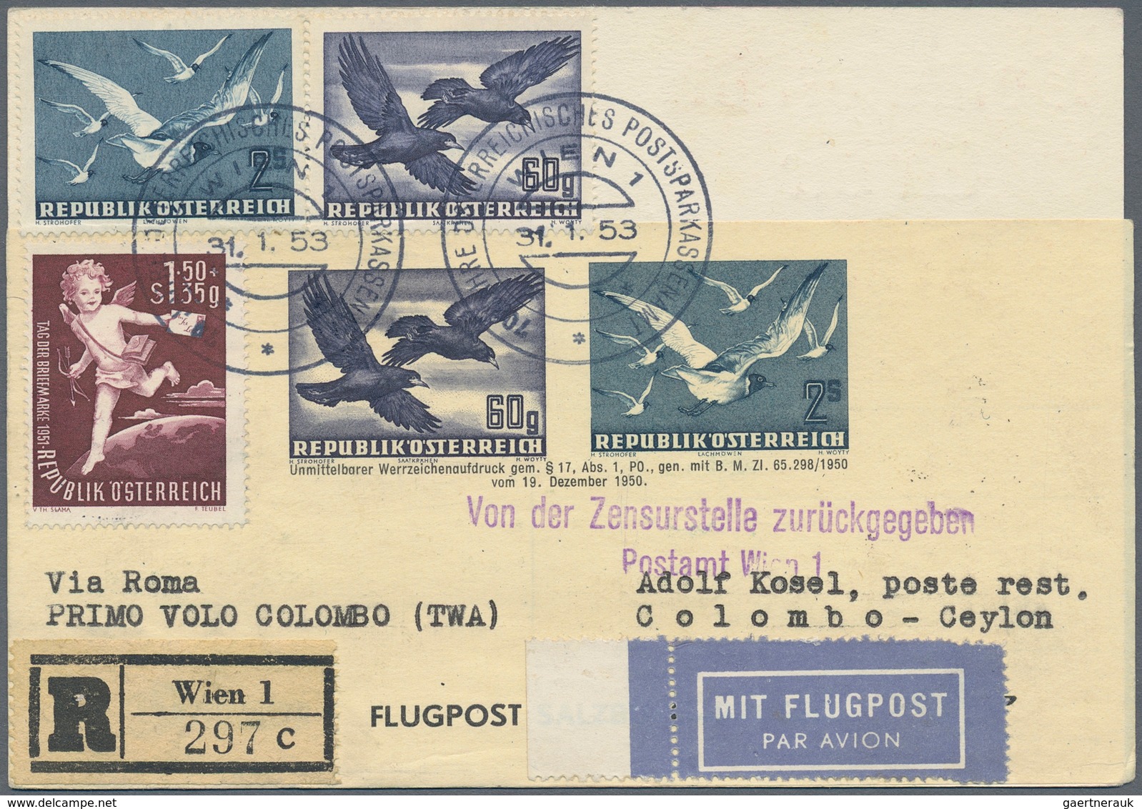 Österreich - Flugpost: 1953 (31.1.), Flugpost-Adresszettel Vögel 60 Gr. + 2 S. Mit Setzfehler (Wer"r - Other & Unclassified