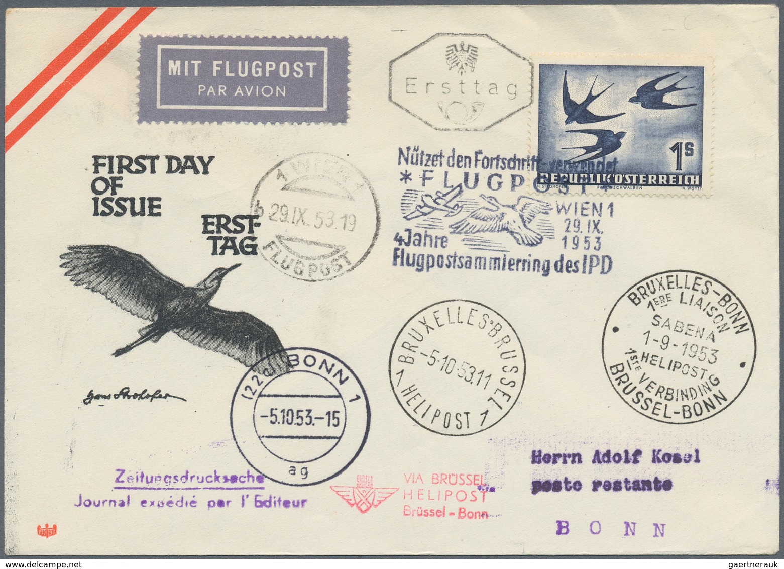 Österreich - Flugpost: 1953 (29.9.), Flugpost Vögel 1 S. Auf Ersttagsbrief Von Wien 'VIA BRÜSSEL HEL - Andere & Zonder Classificatie