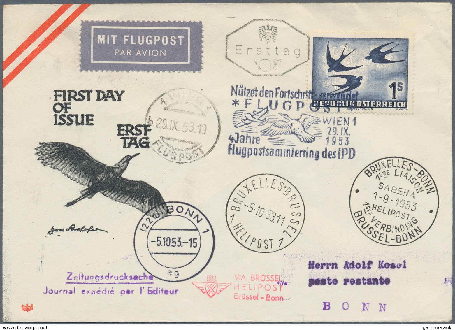 Österreich - Flugpost: 1953 (29.9.), Flugpost Vögel 1 S. Auf Ersttagsbrief Von Wien 'VIA BRÜSSEL HEL - Other & Unclassified