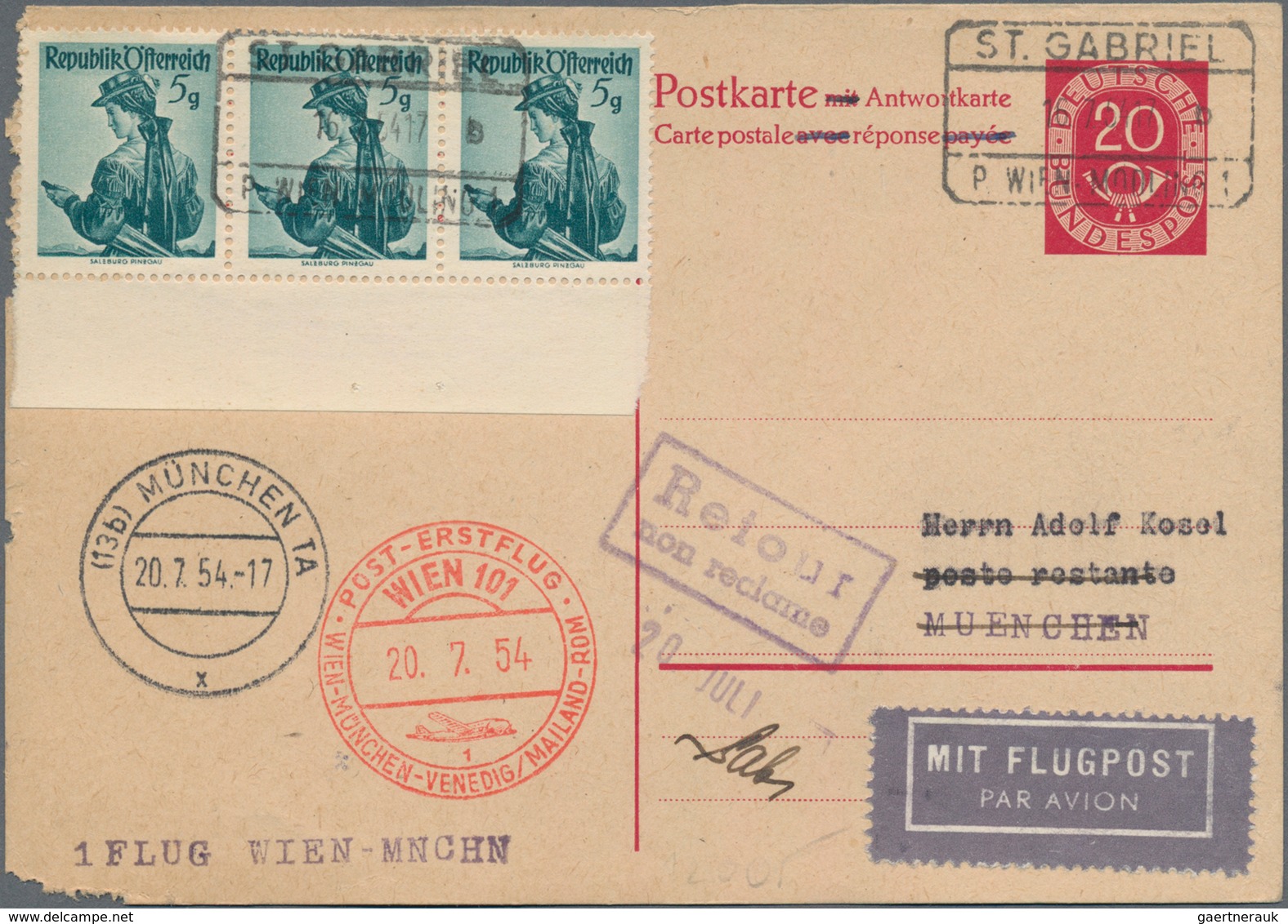 Österreich - Flugpost: 1954 (16.7.), BRD Posthorn 20 Pf. Antwort-Postkarte Mit Österr. Trachten 3 X - Other & Unclassified