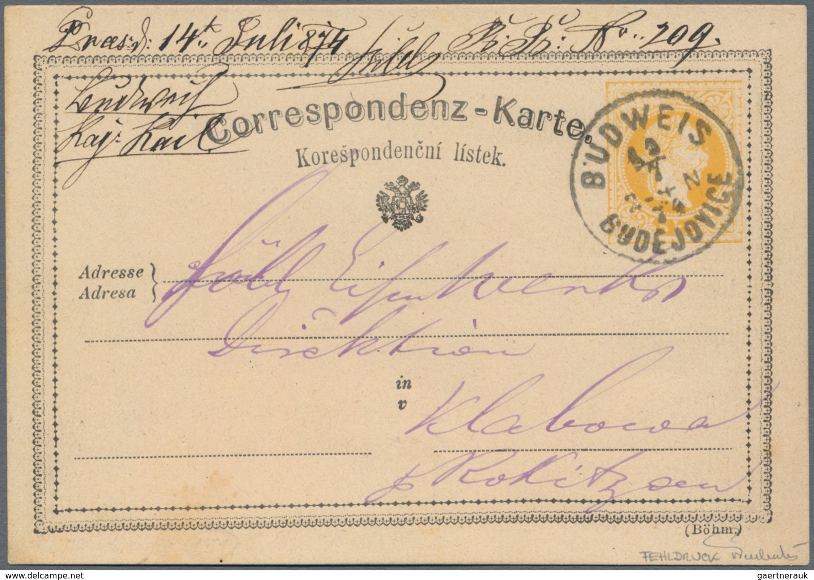 Österreich - Ganzsachen: 1874, Karte 5 Kr. Gelb, Der Fehldruck, Gebraucht Ab "BUDWEIS 13/7 74" Nach - Other & Unclassified