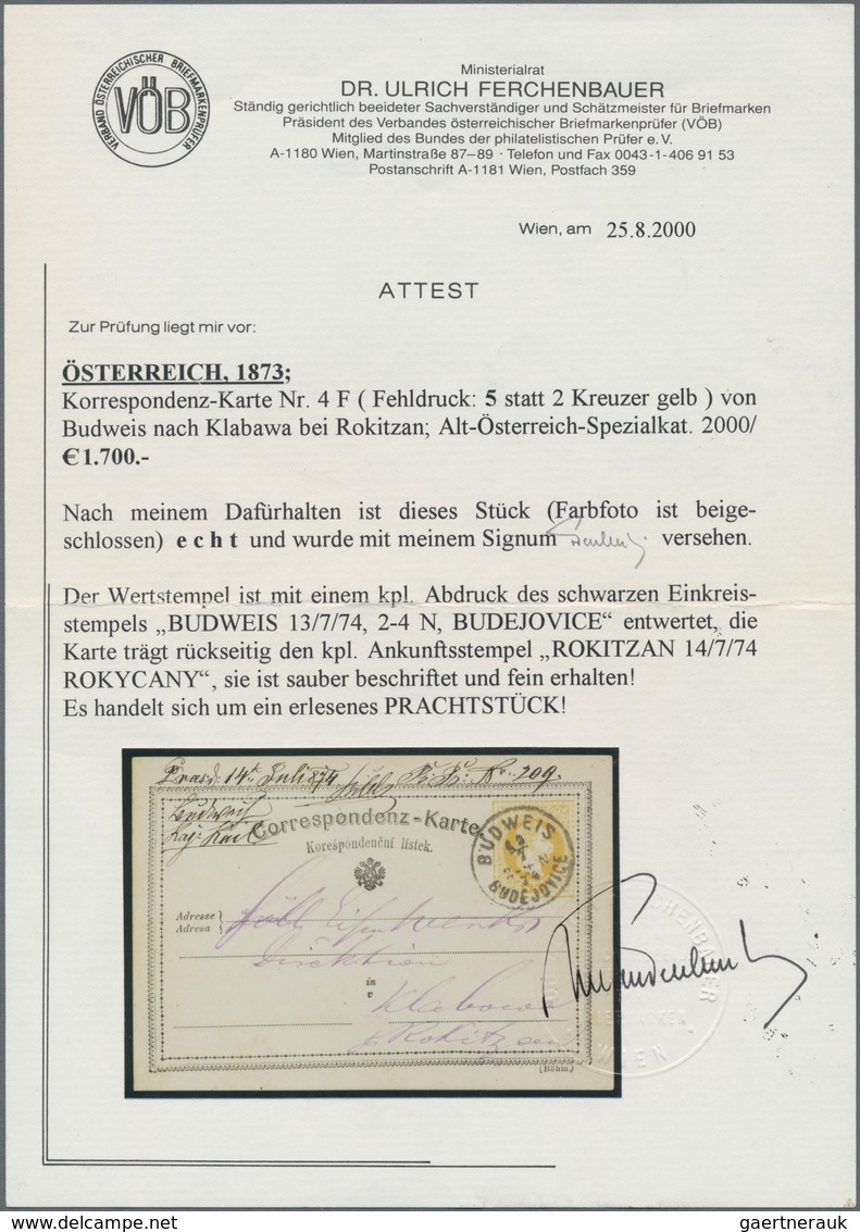 Österreich - Ganzsachen: 1874, Karte 5 Kr. Gelb, Der Fehldruck, Gebraucht Ab "BUDWEIS 13/7 74" Nach - Andere & Zonder Classificatie