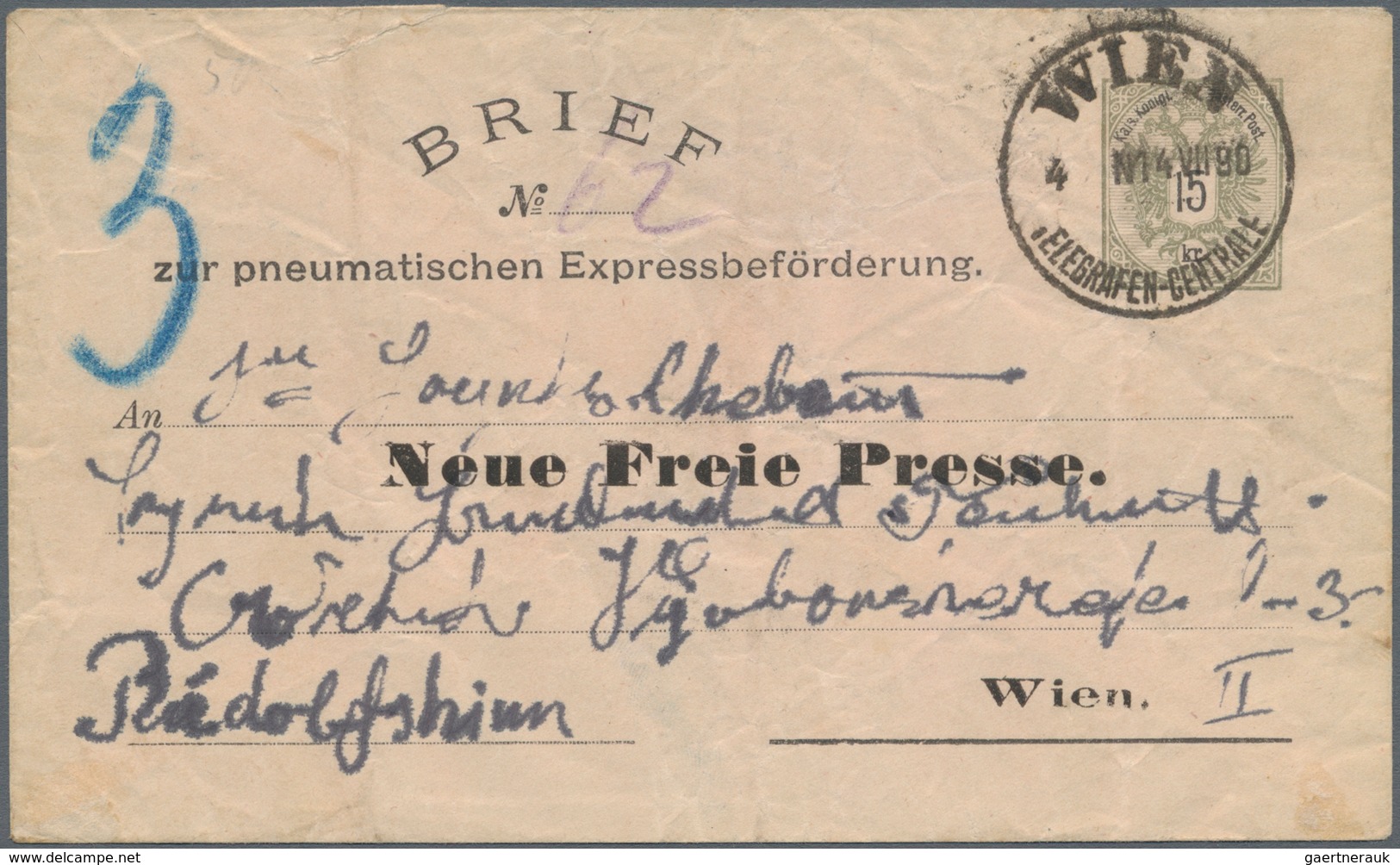 Österreich - Ganzsachen: 1890, 15 Kr Grau A. Rosa Rohrpostumschlag, Vs. Mit Privatem Adresszudruck " - Sonstige & Ohne Zuordnung