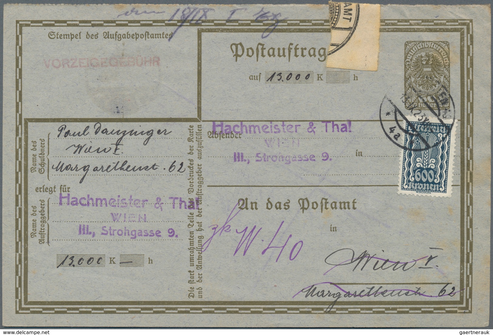 Österreich - Ganzsachen: 1923 (13.9.), Postauftragskarte 60 H. Wappenadler Mit 600 Kr. 'Kornähre' Zu - Other & Unclassified