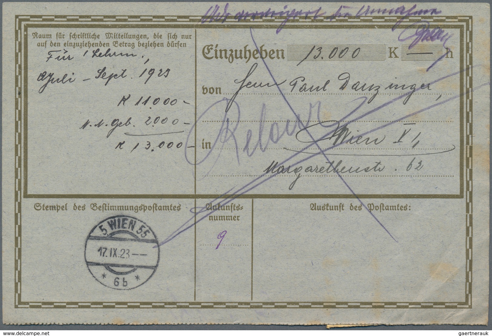 Österreich - Ganzsachen: 1923 (13.9.), Postauftragskarte 60 H. Wappenadler Mit 600 Kr. 'Kornähre' Zu - Other & Unclassified