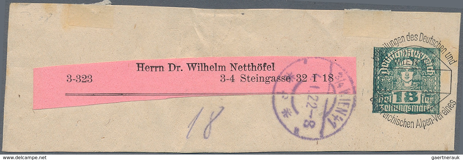 Österreich - Privatganzsachen: 1922 (4.1.), Streifband Mit Wertstempel 'Merkurkopf' 18 H. Schwärzlic - Sonstige & Ohne Zuordnung